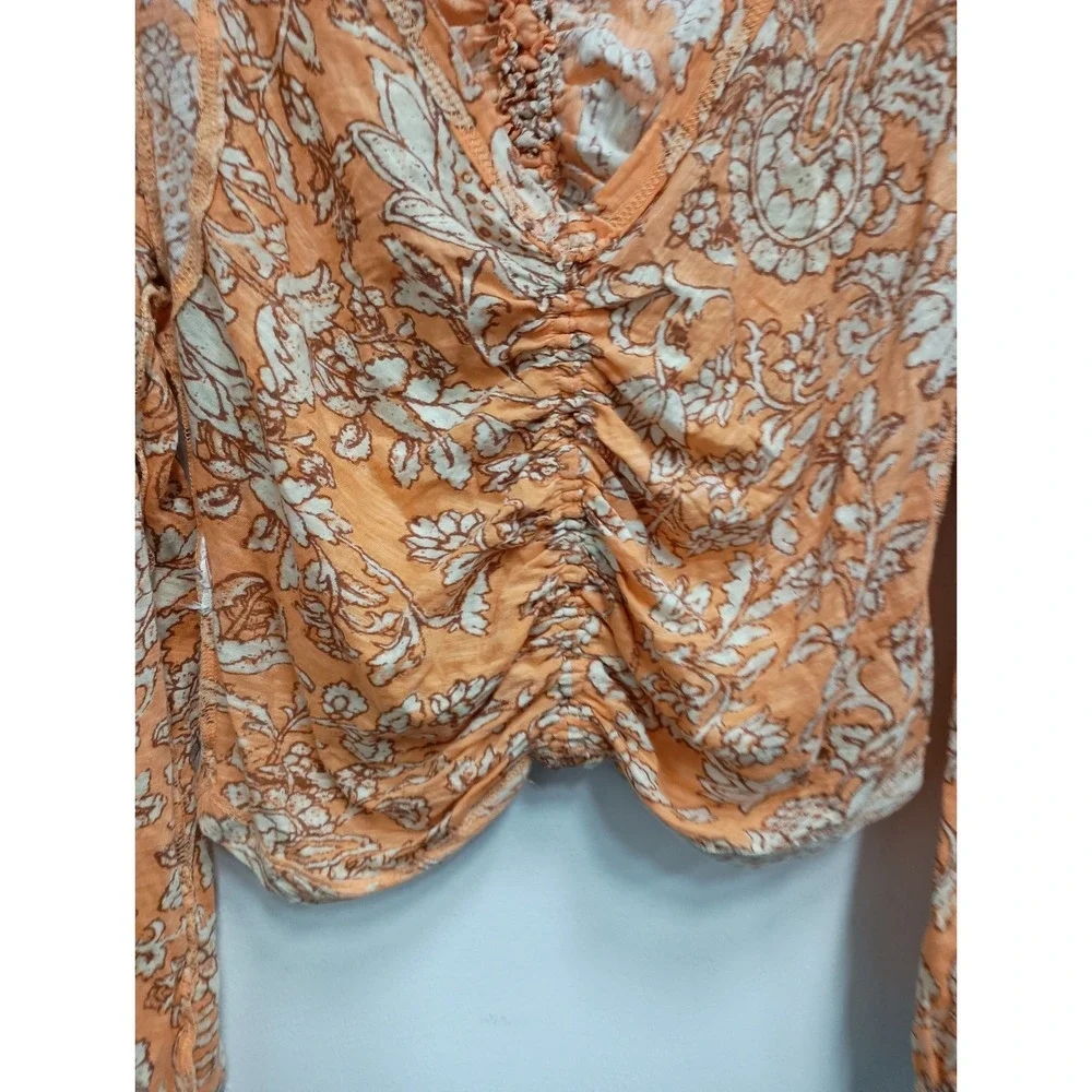 Free People Say The Word Top Womens Medium Orange Floral‎ Ruched Boho V-Neck